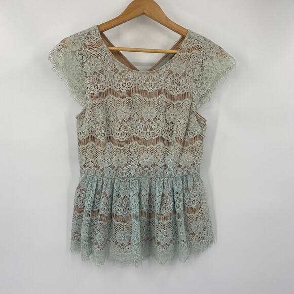 Anthropologie Maeve Top Lace Fit & Flare Peplum Scoop Neck Cotton Blue Womens XS - Picture 2 of 6